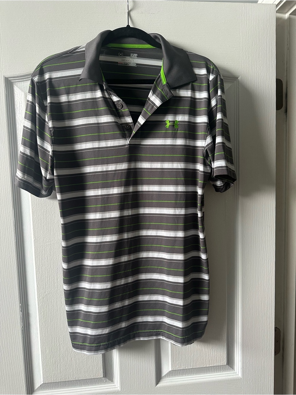 Under Armour Men’s Charcoal, White & Lime Striped Polo